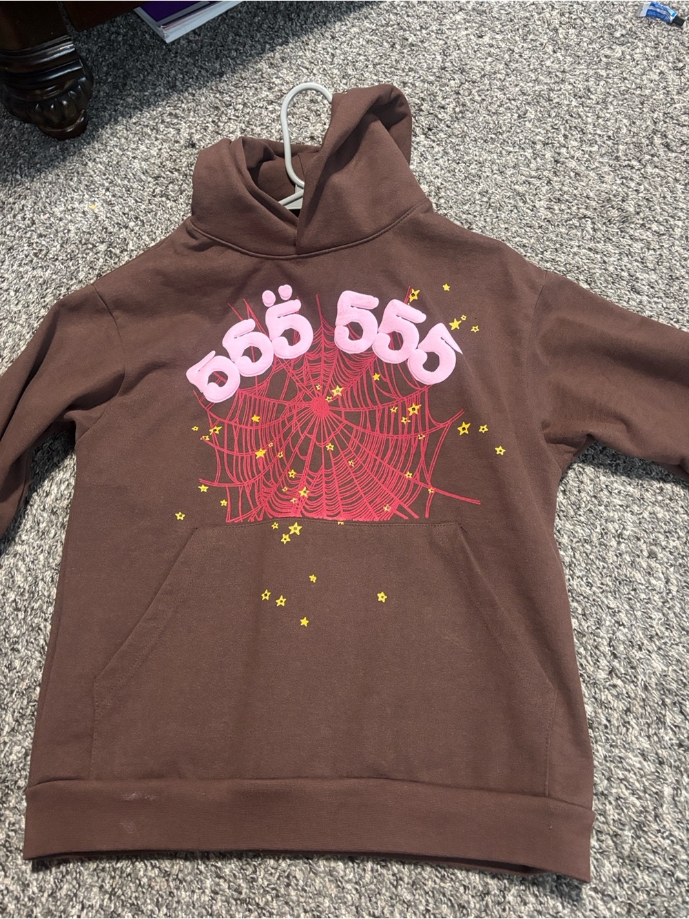 Brown Graphic Hoodie Sweatshirt with Pink '555' and Red Web
